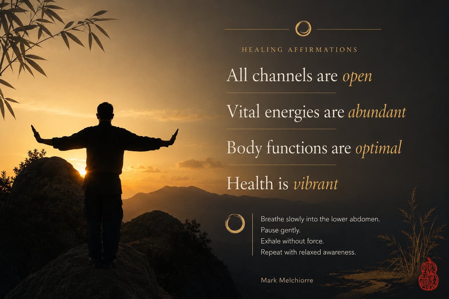 healing affirmation Silhouetted qigong figure at sunset beside healing affirmation typography.